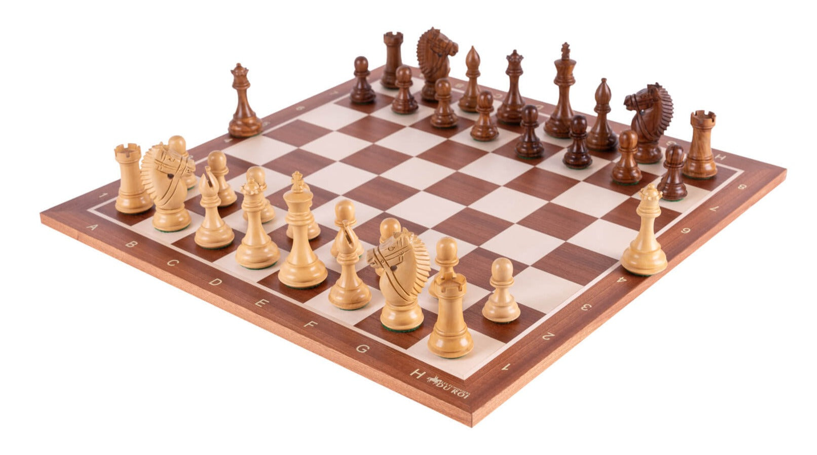 Jeu d'échecs cavalier bridé en bois d'acajou