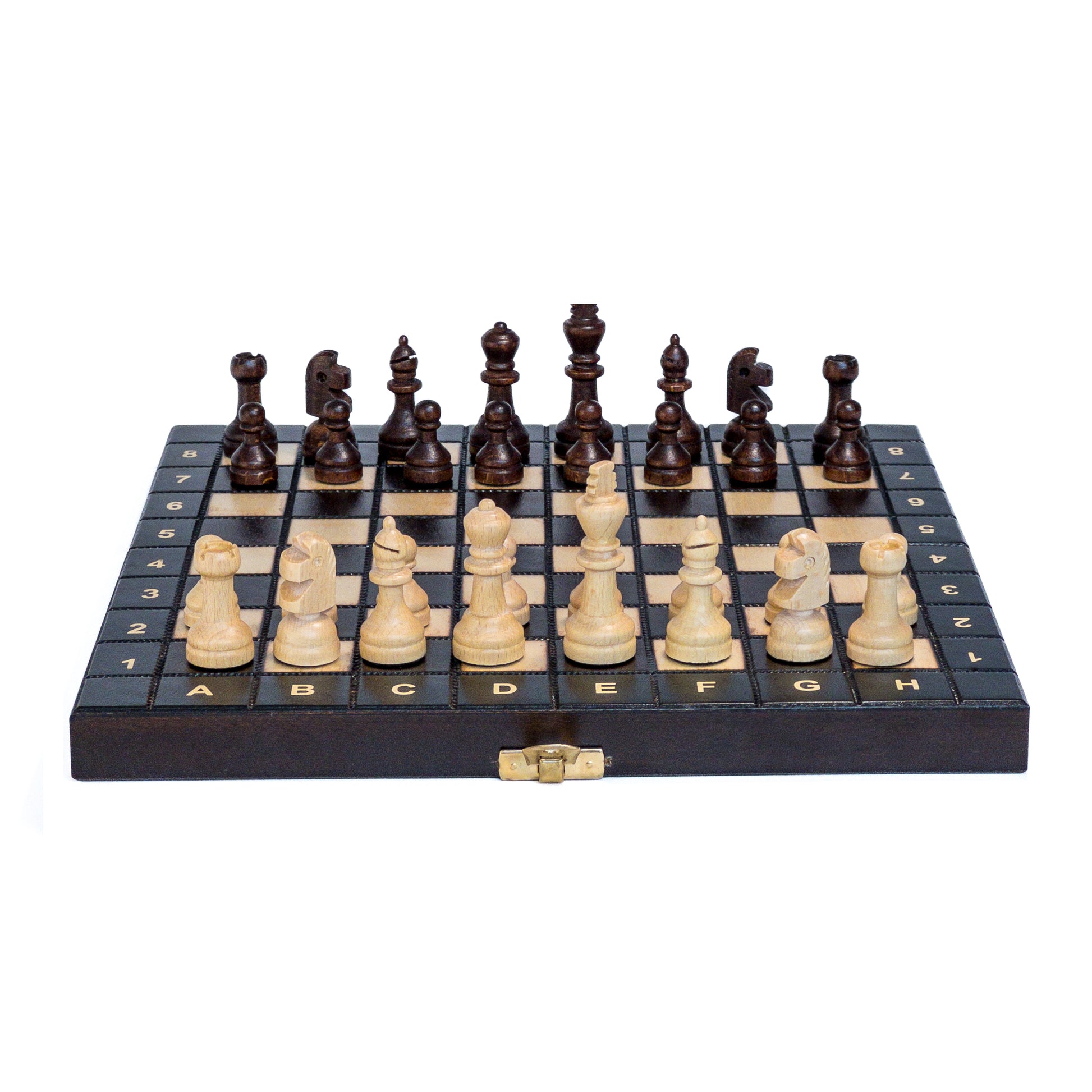 Jeu d'échecs magnétique en bois sombre vue de face