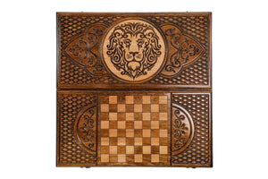 Plateau de Backgammon avec Lion en Bois de Hêtre